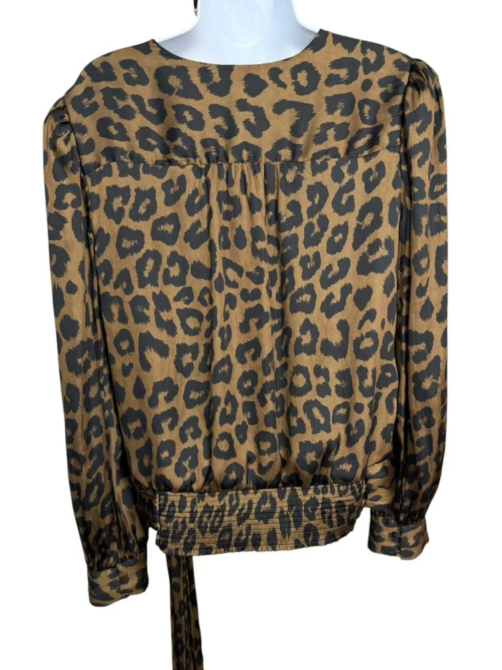 Banana Republic Leopard Satin Blouson Wrap Blouse Tie Waist M